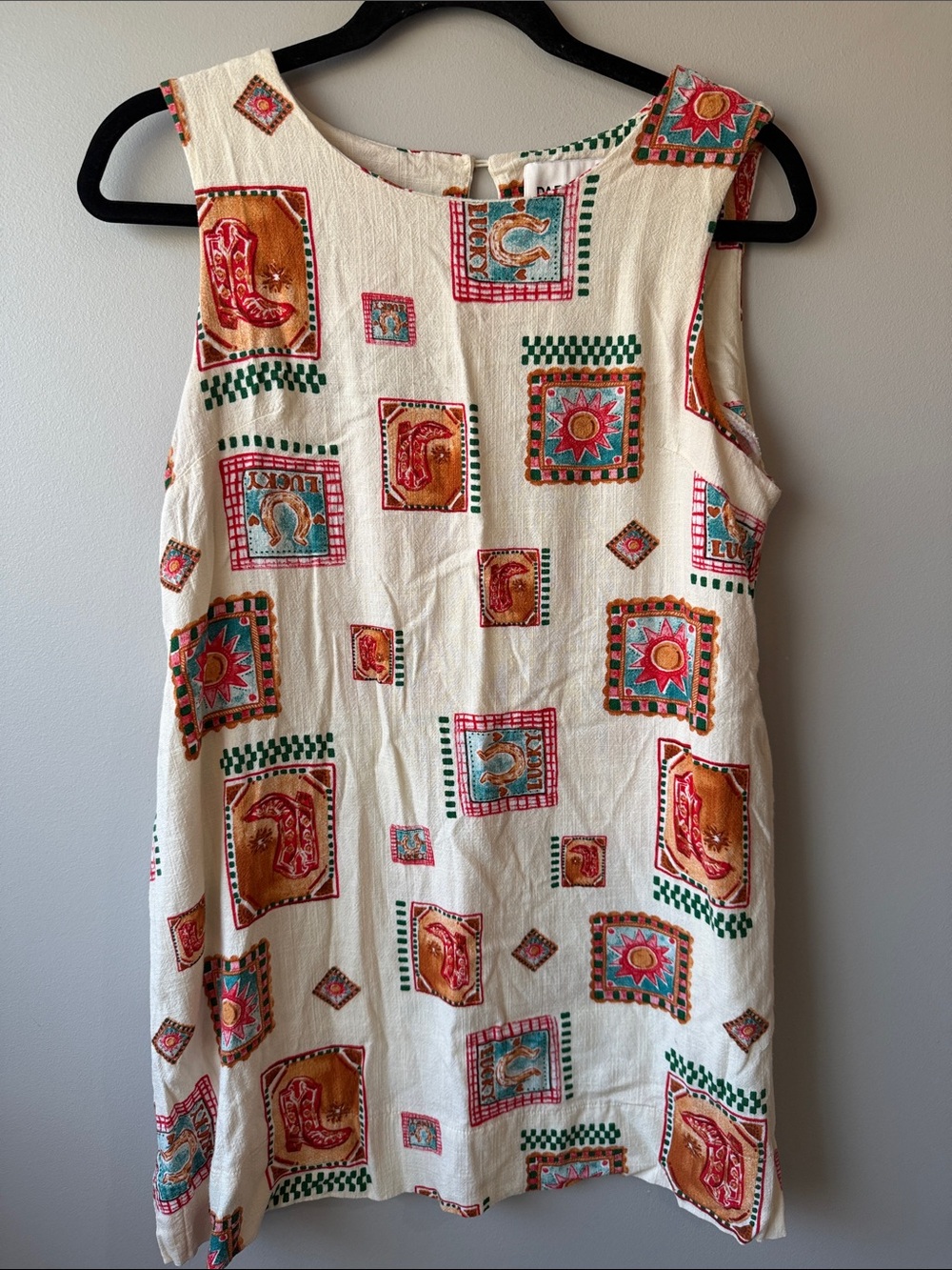 Paper Heart Western Cream Printed Dress cowboy boots sun horseshoe Motifs linen